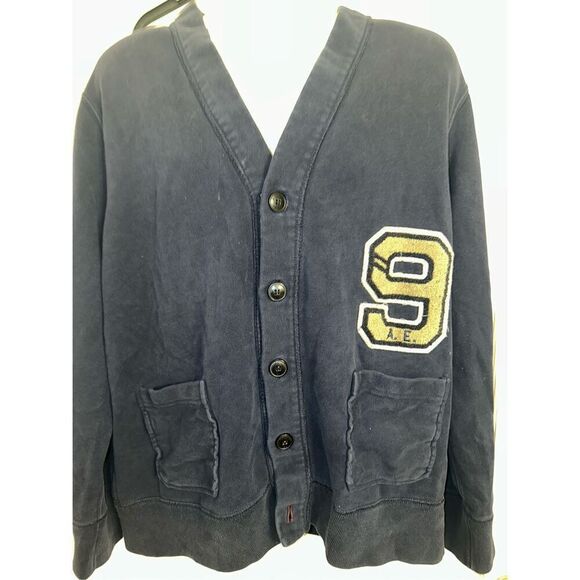 American Eagle Knit Navy Blue Varsity Cardigan Sz Extra Large Button Front XL Gr - Picture 2 of 5